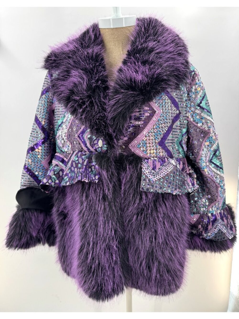 Vintage Kate Hewko Purple Faux Fur Sequin Embroidered Coat Disco Jacket Sz S